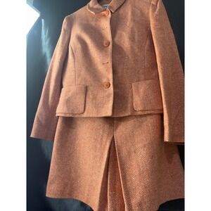 Kasper Orange Herringbone Skirt Suit Set Blazer and Pleated Skirt Womens Size 10